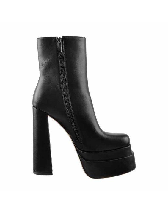 Square Toe Black Double Platform Block Heel Ankle Boot