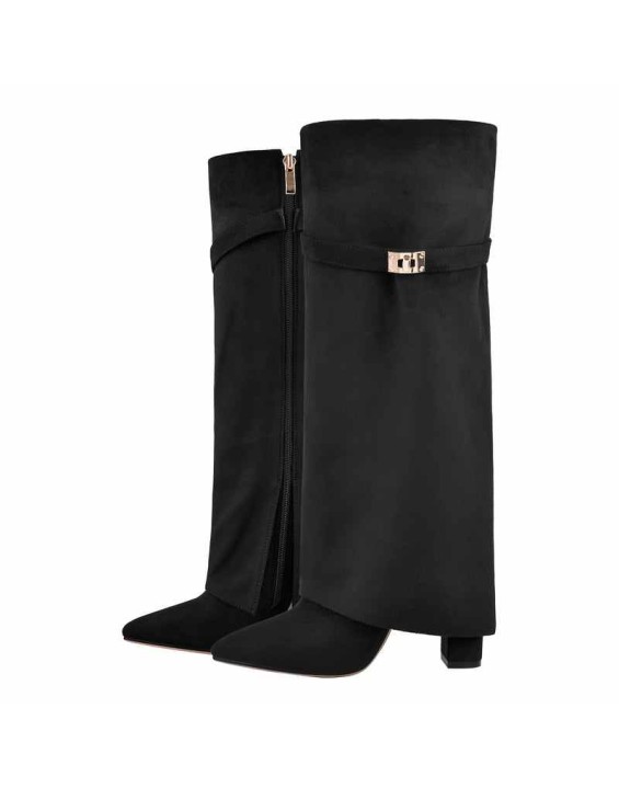 Black Suede Pointed Toe Zipper High Heel Fold Over Boots