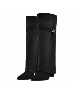 Black Suede Pointed Toe Zipper High Heel Fold Over Boots