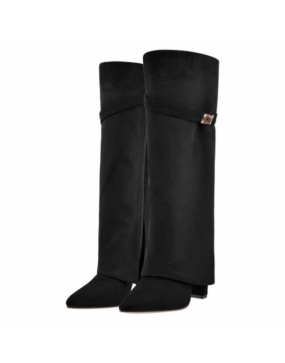 Black Suede Pointed Toe Zipper High Heel Fold Over Boots