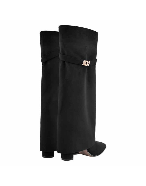 Black Suede Pointed Toe Zipper High Heel Fold Over Boots