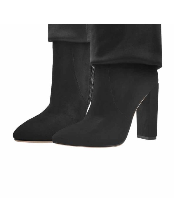 Black Suede Pointed Toe Zipper High Heel Fold Over Boots