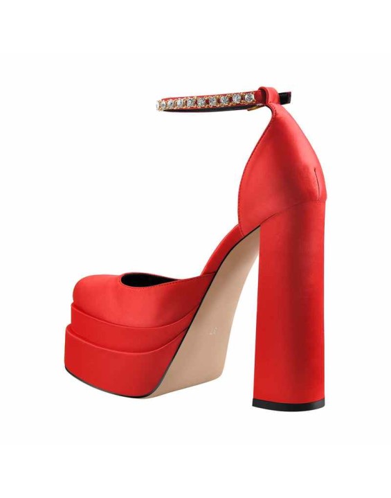 Red Rhinestone Double Platform Ankle Rhinestone Strap Chunky Heel Pumps