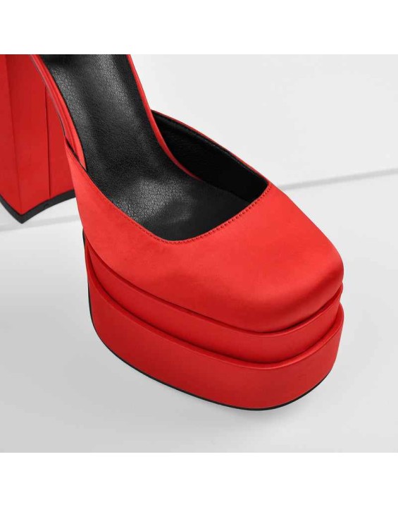 Red Rhinestone Double Platform Ankle Rhinestone Strap Chunky Heel Pumps