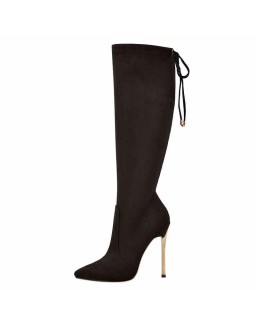 Pointed Toe Zipper Lace Up Stiletto Knee High Boots