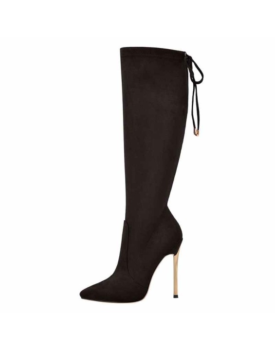 Pointed Toe Zipper Lace Up Stiletto Knee High Boots