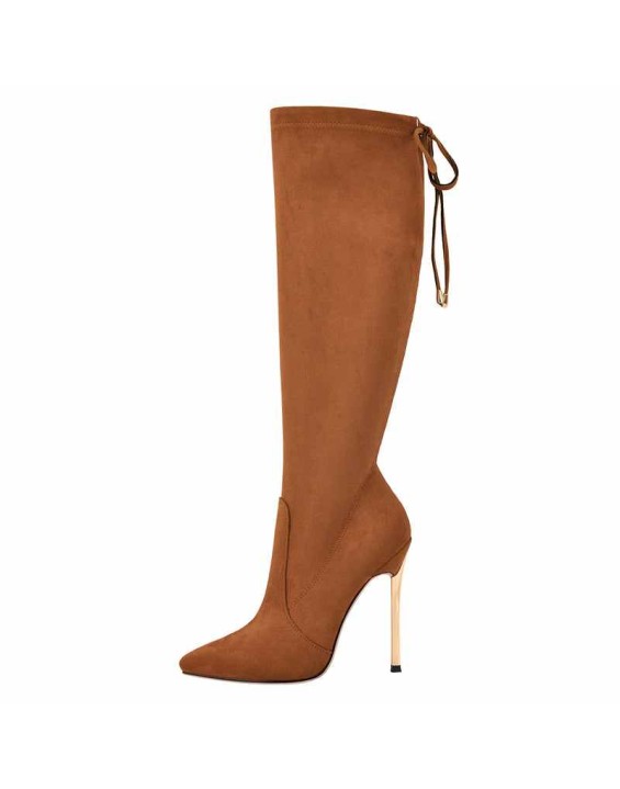 Pointed Toe Zipper Lace Up Stiletto Knee High Boots