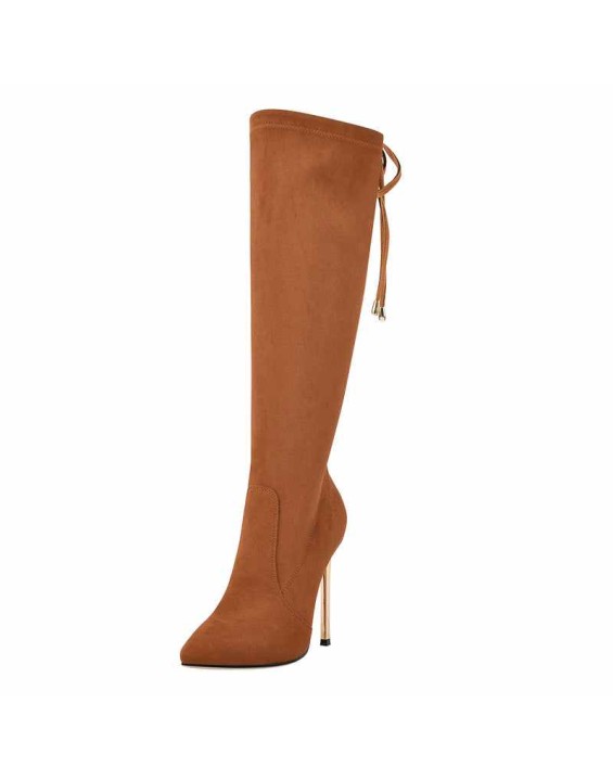 Pointed Toe Zipper Lace Up Stiletto Knee High Boots