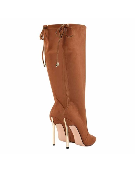 Pointed Toe Zipper Lace Up Stiletto Knee High Boots