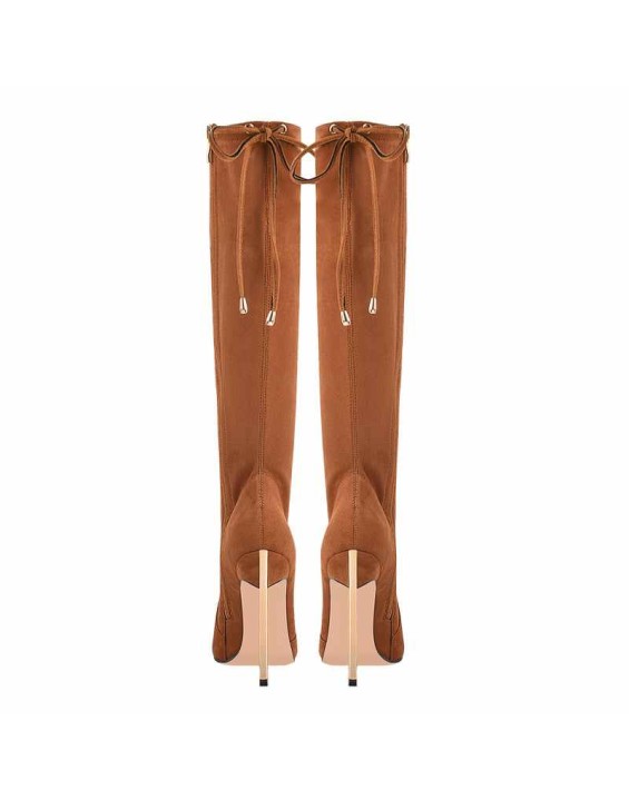 Pointed Toe Zipper Lace Up Stiletto Knee High Boots