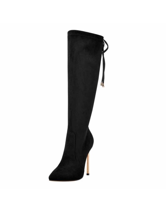 Pointed Toe Zipper Lace Up Stiletto Knee High Boots