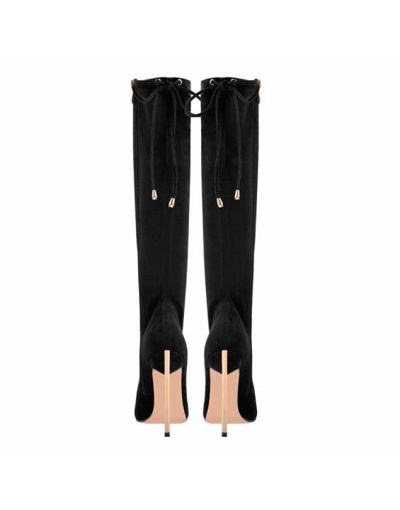 Pointed Toe Zipper Lace Up Stiletto Knee High Boots