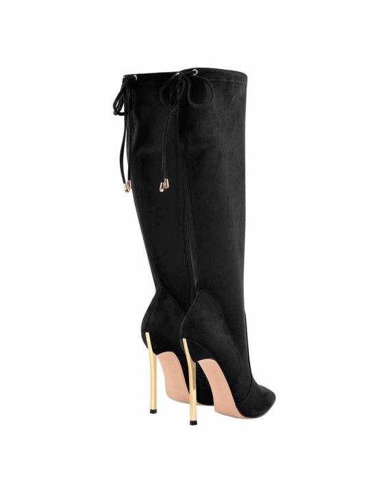 Pointed Toe Zipper Lace Up Stiletto Knee High Boots