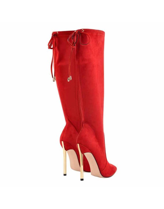 Pointed Toe Zipper Lace Up Stiletto Knee High Boots