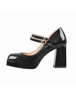 Square Toe Platform Double Buckle Strap Pumps