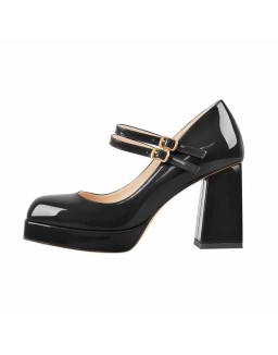 Square Toe Platform Double Buckle Strap Pumps