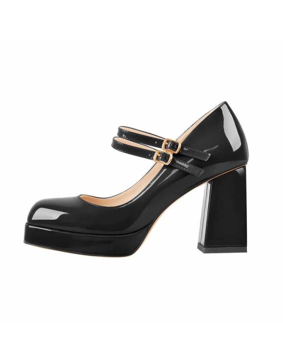 Square Toe Platform Double Buckle Strap Pumps