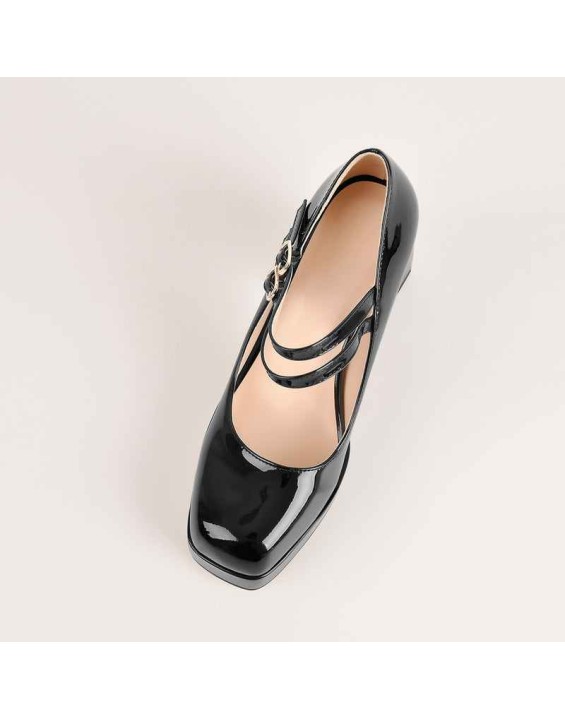 Square Toe Platform Double Buckle Strap Pumps