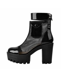 Black Platform Mesh Pocket Ankle Strap Boots
