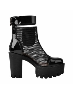 Black Platform Mesh Pocket Ankle Strap Boots