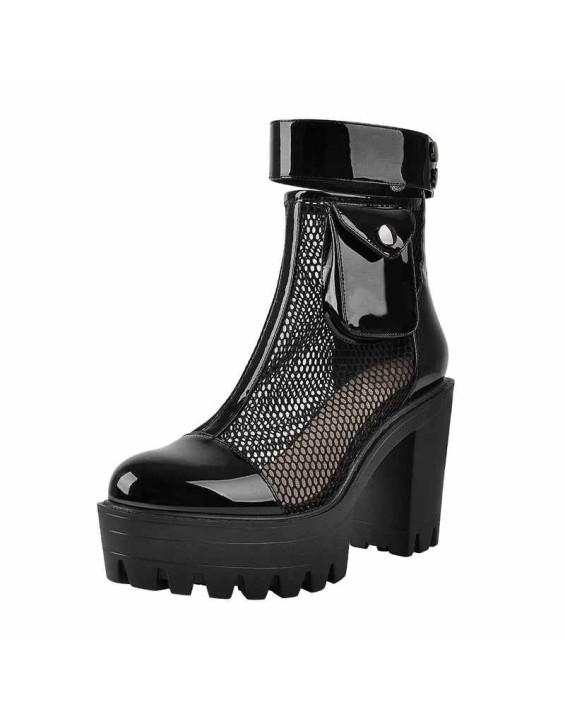 Black Platform Mesh Pocket Ankle Strap Boots