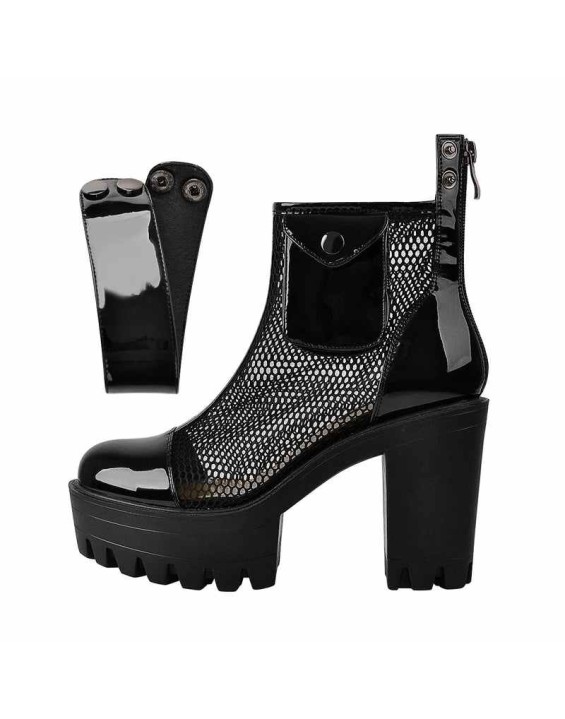 Black Platform Mesh Pocket Ankle Strap Boots