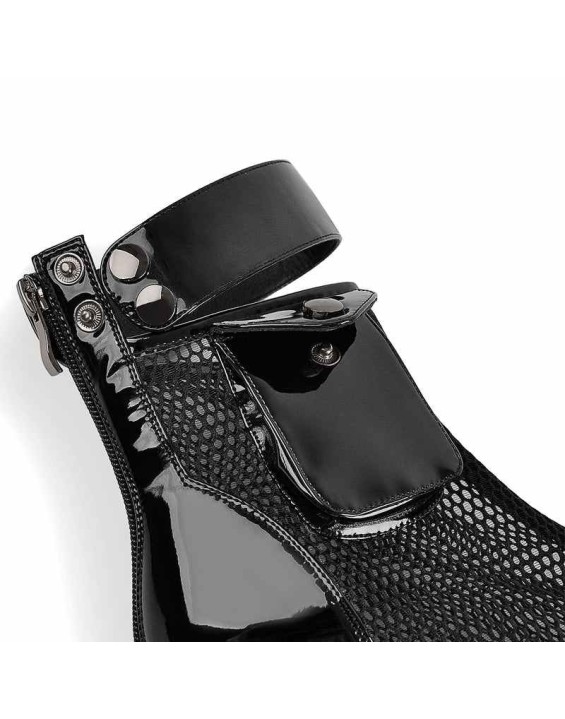 Black Platform Mesh Pocket Ankle Strap Boots