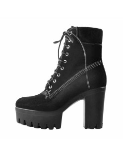 Platform Lace Up Elastic Chunky Heel Ankle Boots