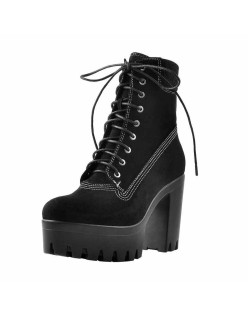 Platform Lace Up Elastic Chunky Heel Ankle Boots