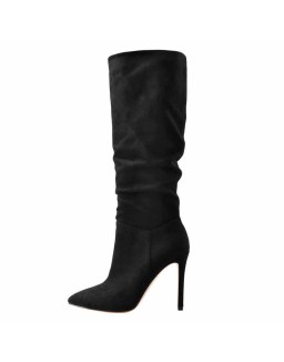 Black Pointed Toe Stiletto Suede Boots