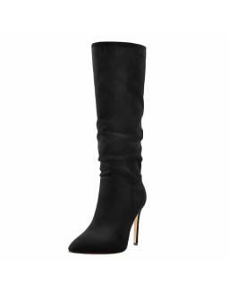 Black Pointed Toe Stiletto Suede Boots