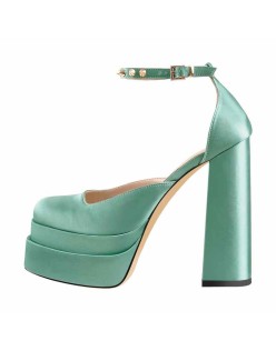 Double Platform Rivets Ankle Strap Chunky Heel D'Orsay Pumps