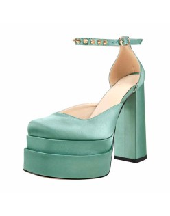 Double Platform Rivets Ankle Strap Chunky Heel D'Orsay Pumps