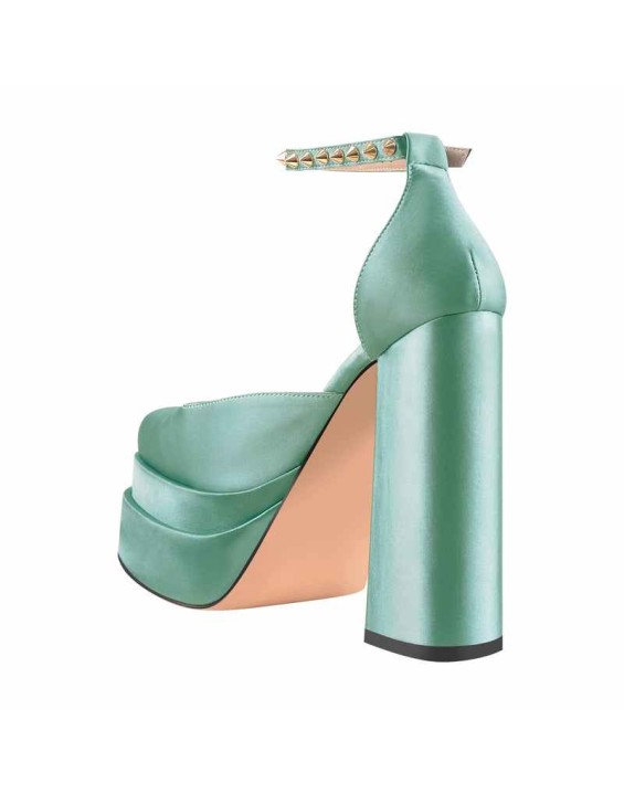Double Platform Rivets Ankle Strap Chunky Heel D'Orsay Pumps