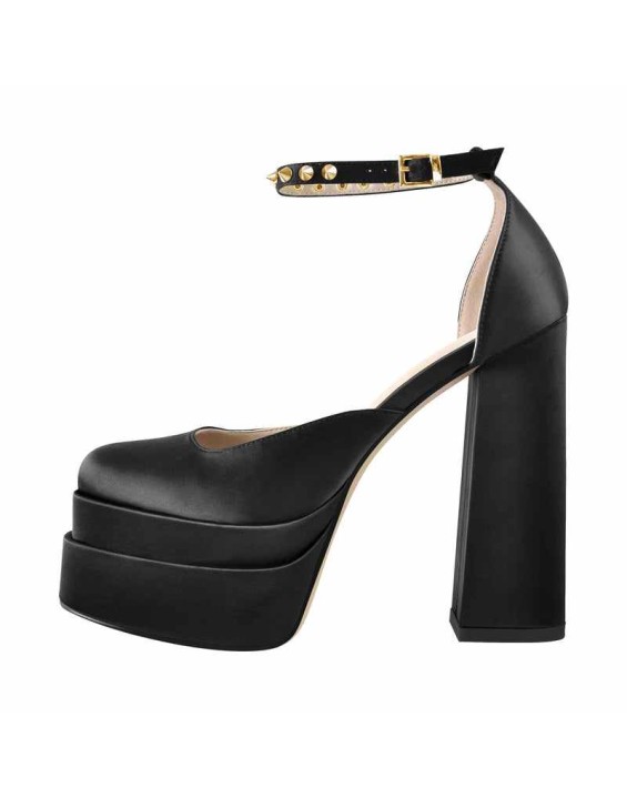 Double Platform Rivets Ankle Strap Chunky Heel D'Orsay Pumps