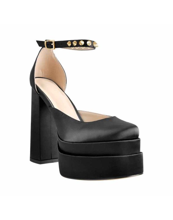 Double Platform Rivets Ankle Strap Chunky Heel D'Orsay Pumps