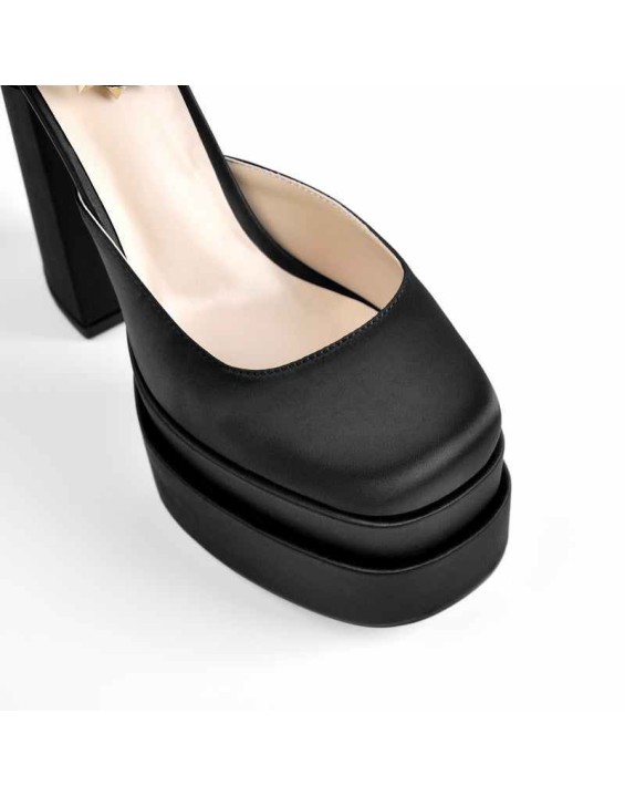 Double Platform Rivets Ankle Strap Chunky Heel D'Orsay Pumps