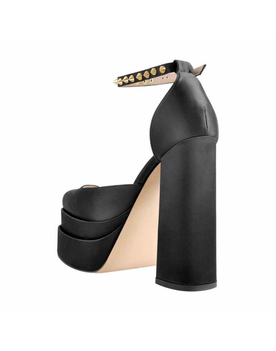 Double Platform Rivets Ankle Strap Chunky Heel D'Orsay Pumps