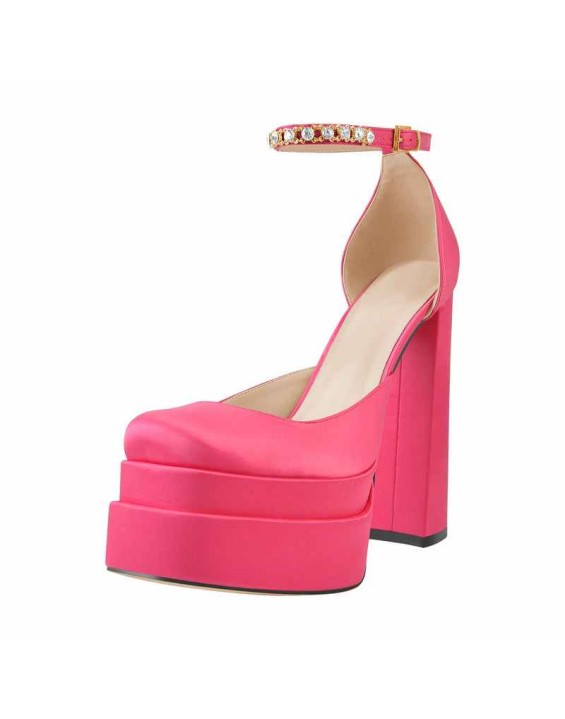 Double  Platform Block Heel Ankle Strap Pumps