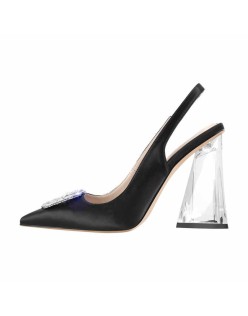 Pointed Toe Rhinestone Clear Chunky Heel Slingback Pumps