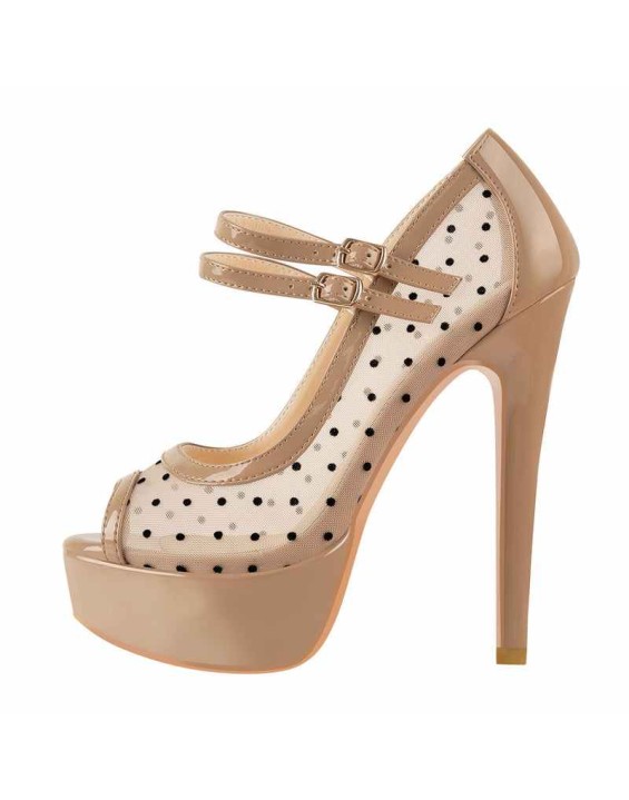 Mesh Polka Dots Peep Toe Platform High Heel Mary Jane Pumps