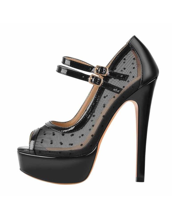 Mesh Polka Dots Peep Toe Platform High Heel Mary Jane Pumps