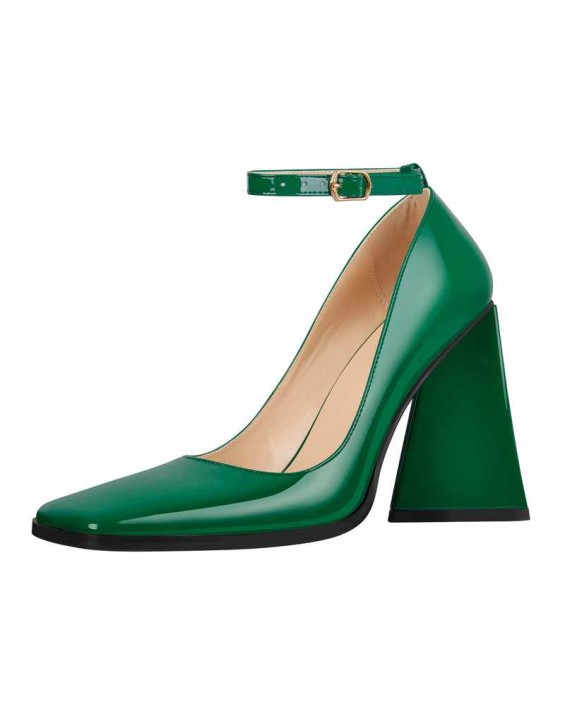 Patent Leather Ankle Strap Chunky High Heel Pumps
