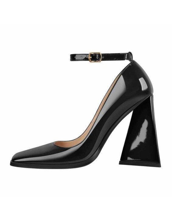Patent Leather Ankle Strap Chunky High Heel Pumps