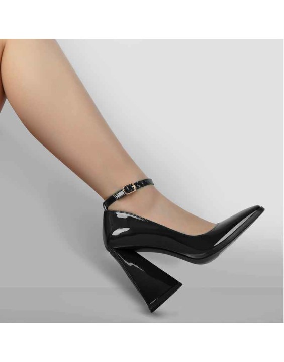 Patent Leather Ankle Strap Chunky High Heel Pumps