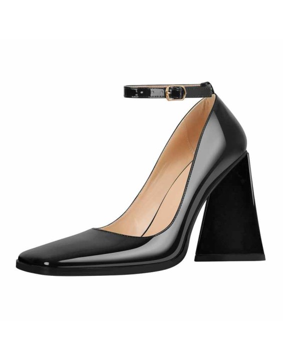 Patent Leather Ankle Strap Chunky High Heel Pumps