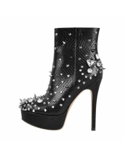 Black Rhinestone Rivet Studded Platform Ankle Boots
