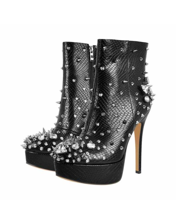 Black Rhinestone Rivet Studded Platform Ankle Boots