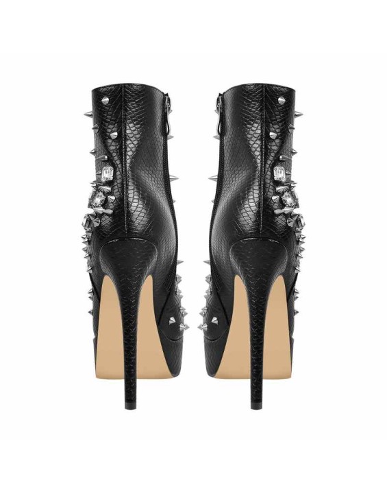 Black Rhinestone Rivet Studded Platform Ankle Boots