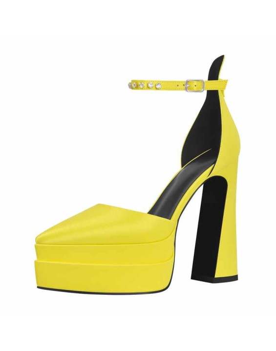 Double Platform Pointed Toe Chunky Heel Pumps